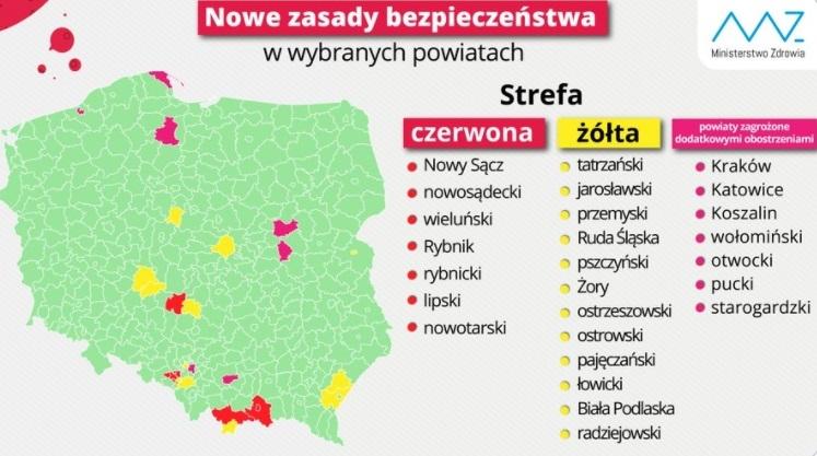 Aktualna lista powiatów z obostrzeniami obowiązującymi od 21.08.20