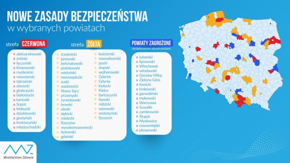 Aktualna lista powiatów objętych dodatkowymi obostrzeniami (żółtymi i czerwonymi)