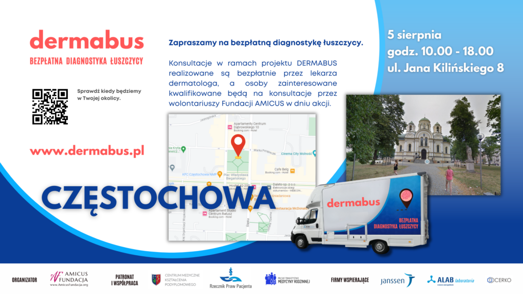 5 sierpnia DERMABUS zawita do Częstochowy. W mobilnym gabinecie dermatologicznym osoby z łuszczycą skorzystają z bezpłatnej diagnostyki